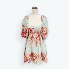 Zimmermann Mae Cut Out Mini Dress In Mint Floral Linen Excellent Condition