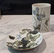 MCM ROYAL COPPENHAGEN NILS THORSSEN DIANA  BUTTERFLIES VASE & PEDESTAL DISH