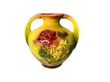 Vintage Art Nouveau Glazed Pottery Squat Floral Vase Loisa ‘62 Green Pink Rose