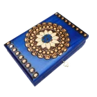 WOODEN CARVED JEWELLERY BOX LOCK AND KEY IN BLUE COLOR