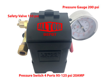 Air Compressor Pressure Switch set 4 Port 95-125 PSI w/ S Gauge w/ Safety valve