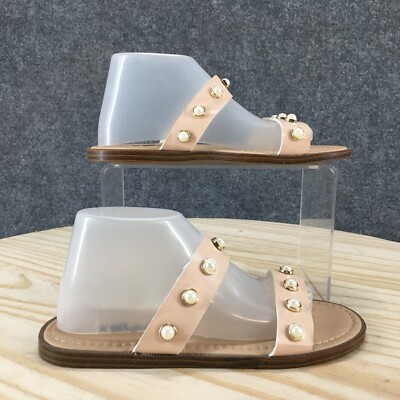 Xeyes Sandals Womens 2 Slide Pink Faux Leather Slip On Pearl Two Strap Open Toe