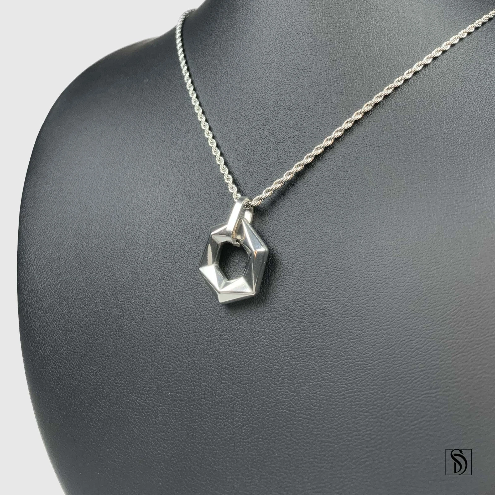 Collier pendentif hexagone géométrique argent, chaîne étanche en acier inoxydable 18K