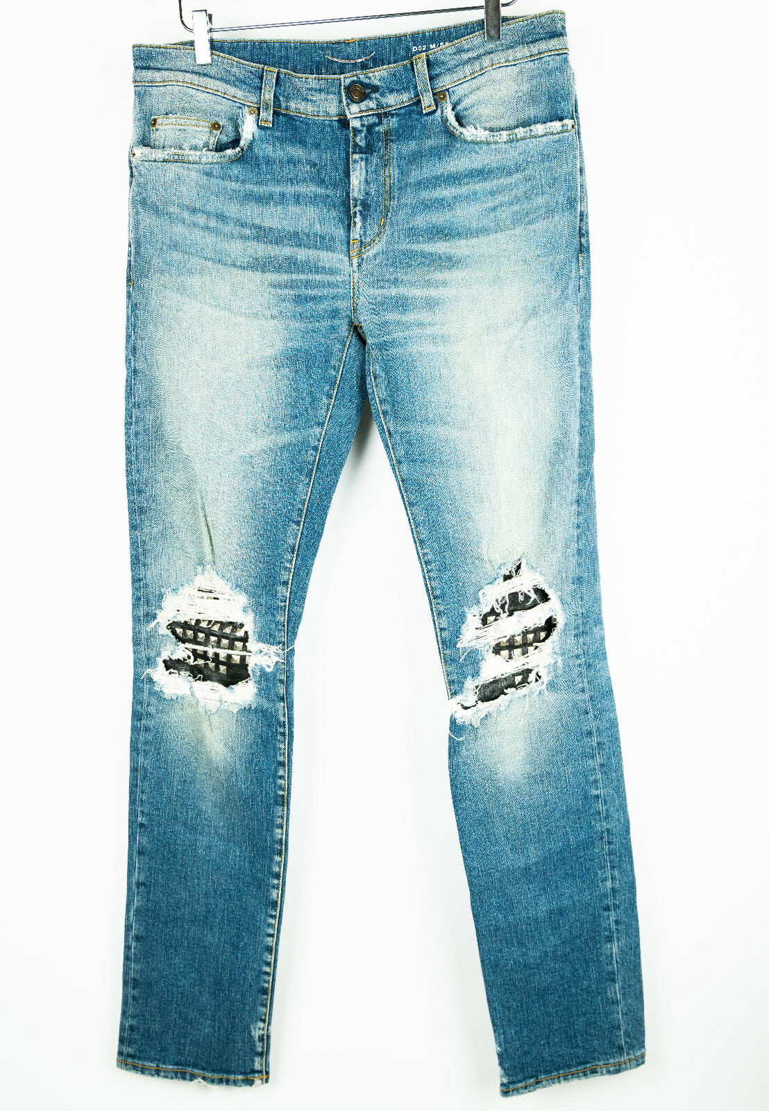 Jeans uomo SAINT LAURENT PARIS D02 SK LW blu skinny 32 borchie distrutte pelle
