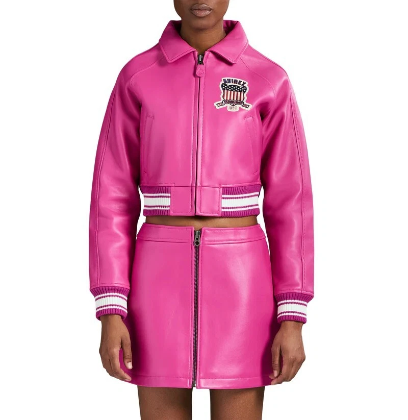 Chaqueta de cuero para mujer Avirex rosa bombardero real American Flight chaqueta para dama Foto 4 de 4