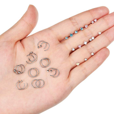 20G Surgical Steel L-Shaped Nose Stud With CZ Gem – 5 To 16pcs Pack For Ear Tragus Lip Piercing
