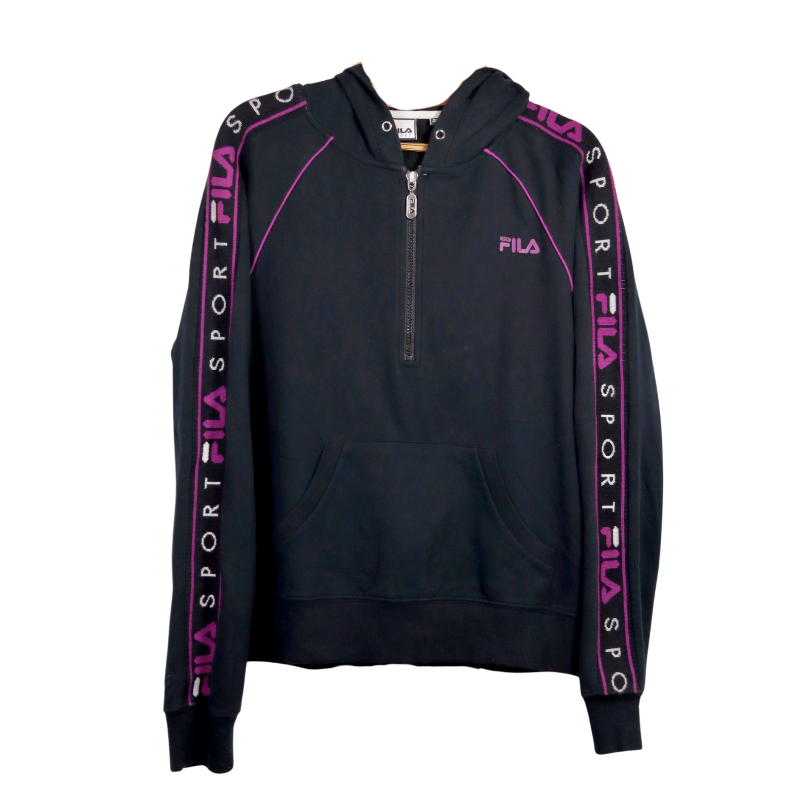 Fila Retro Womens Large Black Purple Sport Hoodie with Logo Tape 1/2 Zip