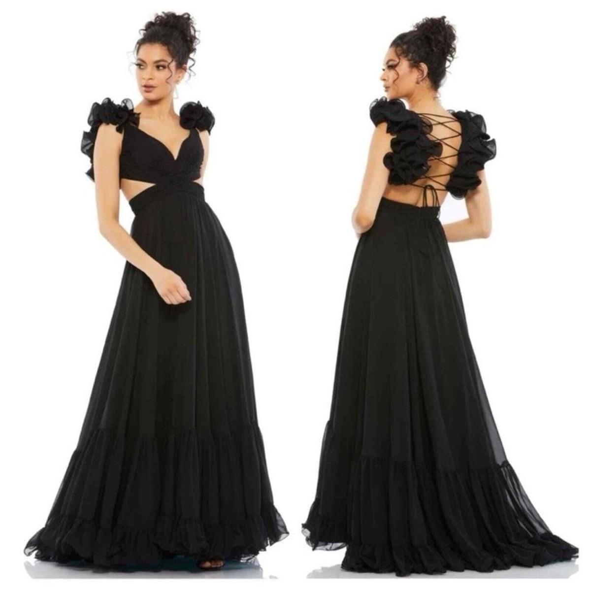 NWOT Mac Duggal Ruffle Tiered Cut-Out Chiffon Gown Elegant