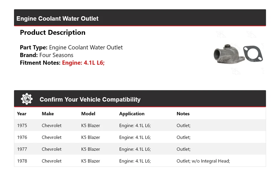 Para Chevrolet K5 Blazer 1975-1978 4,1 L motor L6 salida de agua refrigerante 4 estaciones Foto 2 de 4