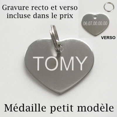 Gravure identité ANIMAL sur medaille coeur pour petit chien ET chat - Photo 1/4