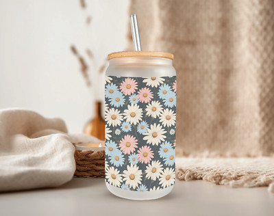 Retro Daisies Garden Frosted Glass Can W/ Bamboo Lid 16 Oz Glass Cup by Mugzan