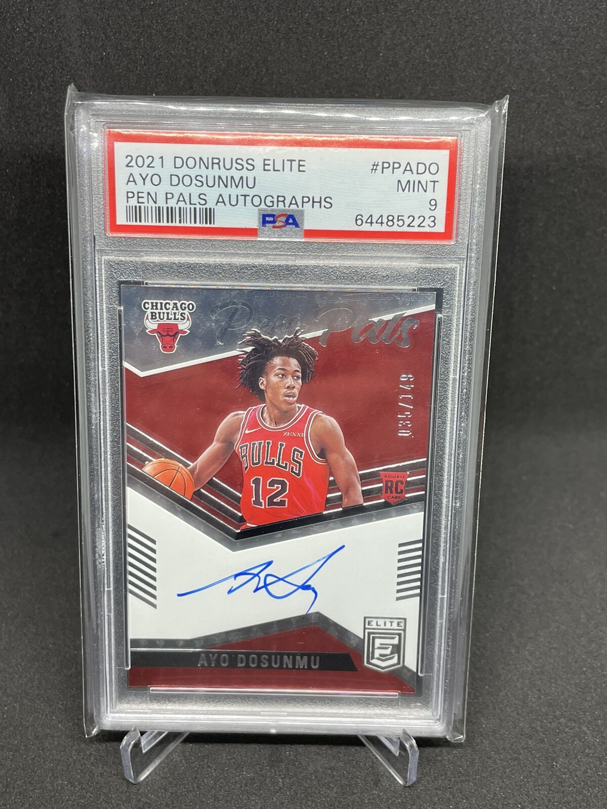 2021-22 Donruss Elite Ayo Dosunmu Pen Pals Rookie Auto /149 PSA 9