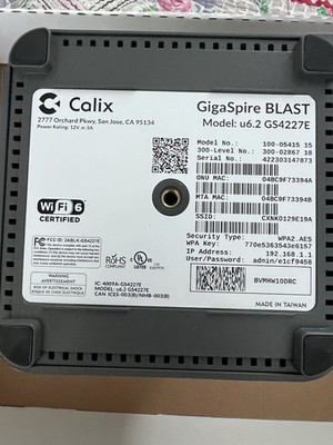 Calix GigaSpire BLAST u6.2 GS4227E Wi-Fi 6 Router Modem Combo (No Power Cable)