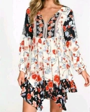Patrons Of Peace Floral Boho Peasant Mini Dress Sz S Casual Chic Ruffle Flowy