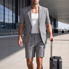 Men Summer Plaid 2PCS Suit Set Lightweight Business Blazer Casual Shorts Outfit