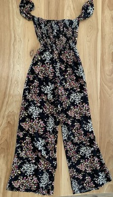 Mi Ami XS Black Floral Pant Jumpsuit Smocked Waist Flutter Sleeve