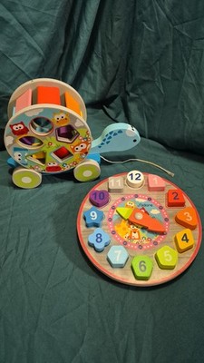 J'adore Wood Toys Lot Of 2 Pull Along Turtle Sorter & Shape Sorting Clock OBO 