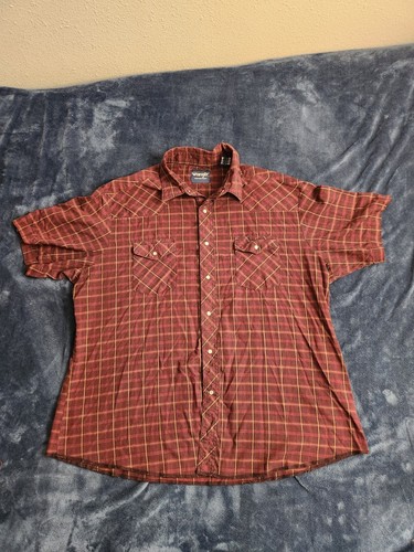 Vintage Wrangler Plaid Pearl Snap Shirt Mens Size 2XL Maroon Red Western Cowboy