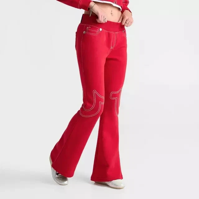 True Religion Flare Sweat Pants Joey Mid Rise Big T Red Women Size XL