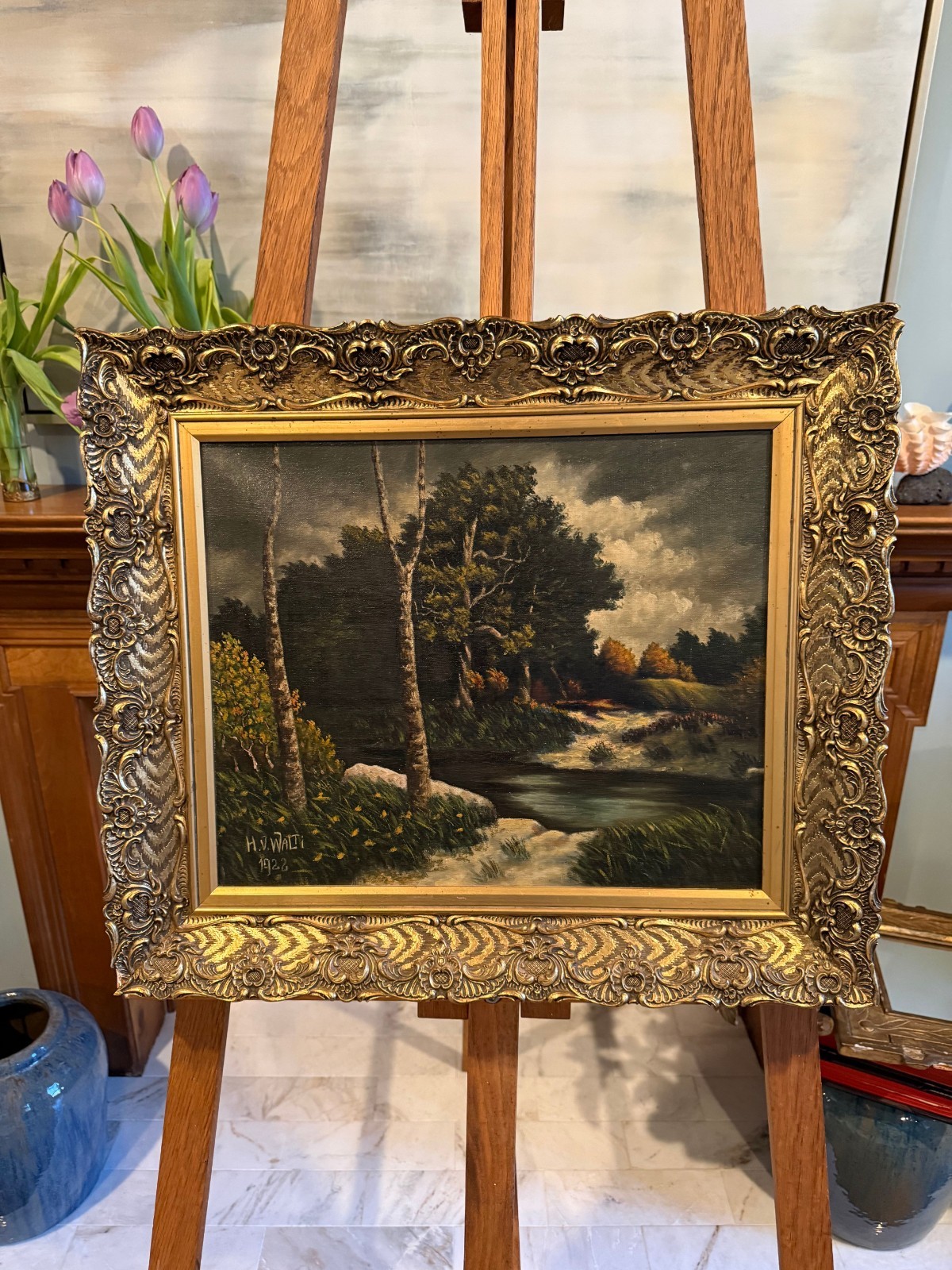 Vintage Oil on Canvas — Wooded Landscape — Signed H.V. Walti — Ornate Gilt Frame