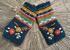 Teal Wool Fingerless Gloves Hand Embroidered Floral Details and Stripes Nepal