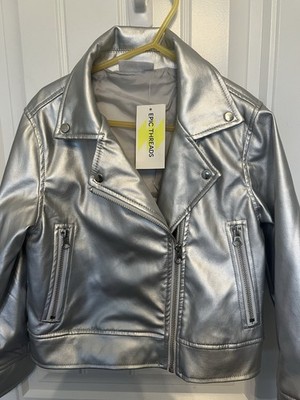 Epic Threads Girls Silver Faux Leather Moto Style Jacket 