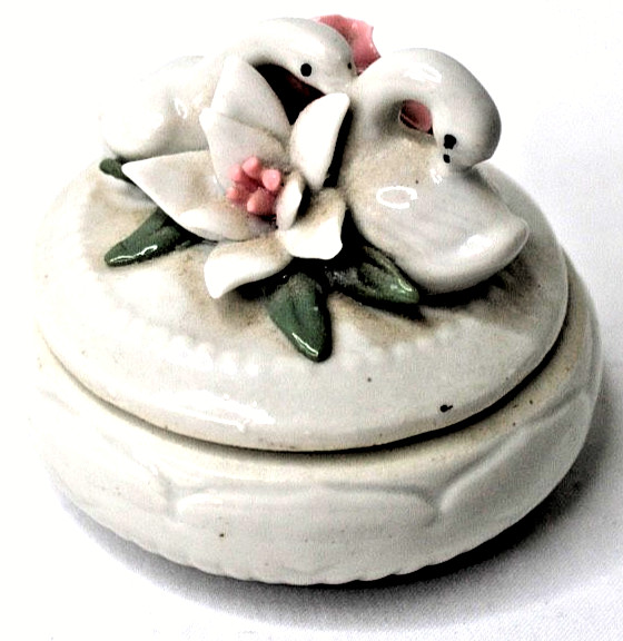 VTG Ceramic Swan Lilly Floral Trinket Box - Mother's Day - Jewelry Holder Dish