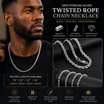 S925 Sterling Silver 8mm Twisted Rope Chain Necklace Mens Fashion Gift