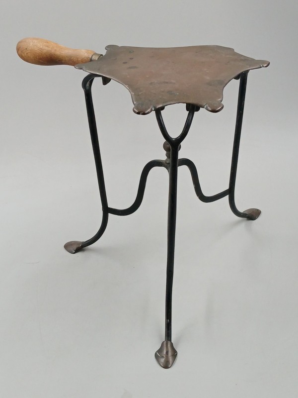 Antique Wrought Iron Three-Legged Fireplace Trivet w/ Wooden Handle