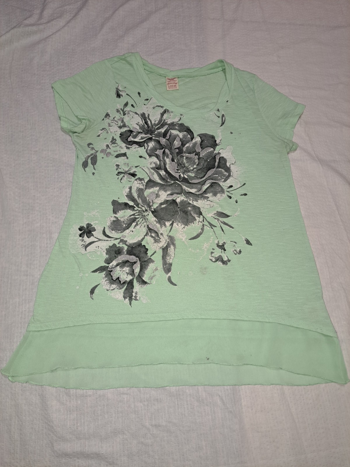 Women Faded Glory Green/Black Flower  T Shirt GUC Size Large w/Flaws