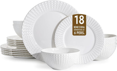Elegant 18-Piece  Bone China Dinnerware Set for 6 - White Porcelain