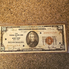 1929 $20 Federal Reserve Bank Note New York (B) Serial B00929124A