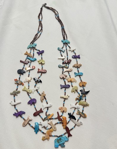 Vntg 3 Strand Zuni 52 Multi-Gemstone Fetish Necklace 28"Turqoise Bear Center