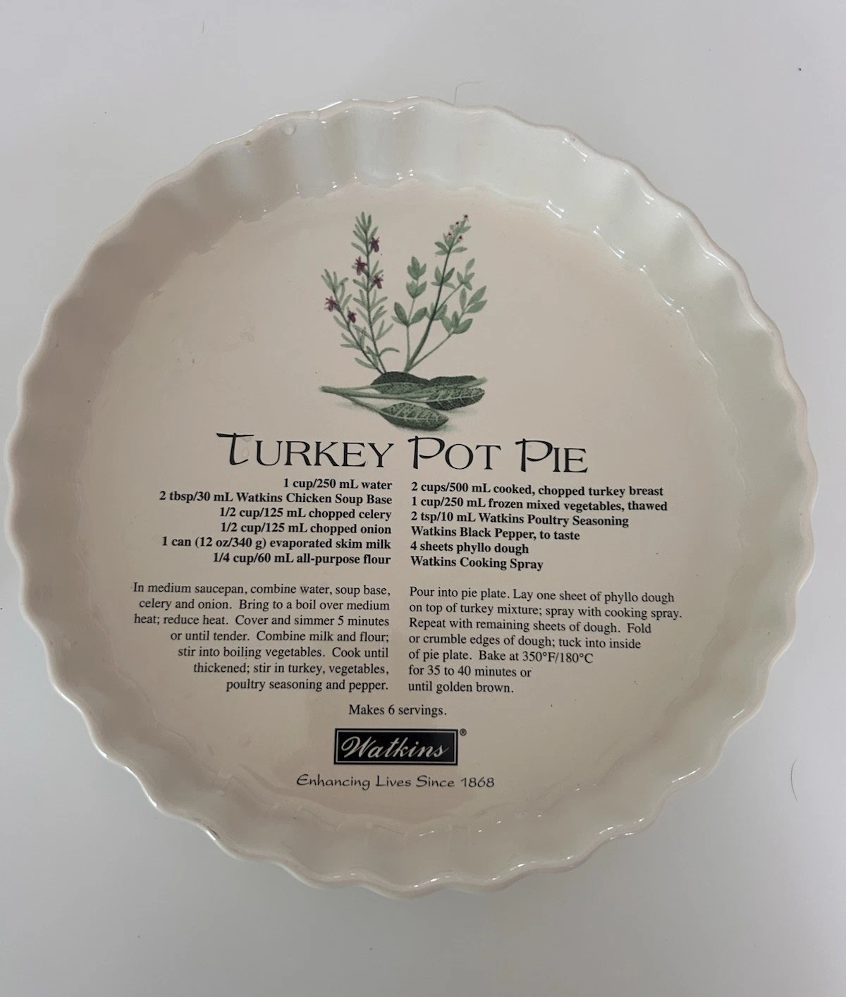 Vintage Watkins Turkey Pot Pie Recipe 9.5" Round Ceramic Pie Dish, MW/DW Safe
Opens in a new window