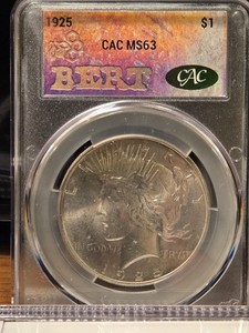 1925 Peace Dollar CAC MS63 BERT Label Silver