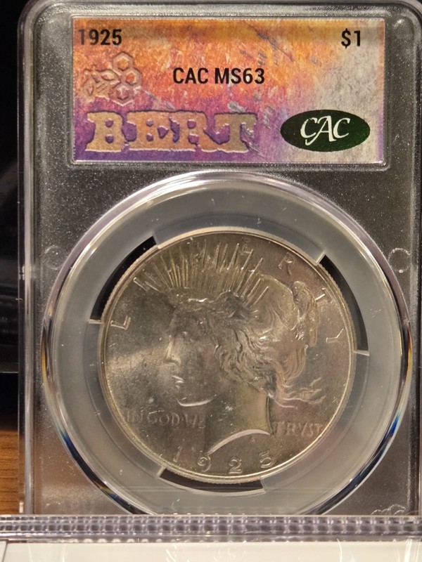 1925 Peace Dollar CAC MS63 BERT Label Silver
