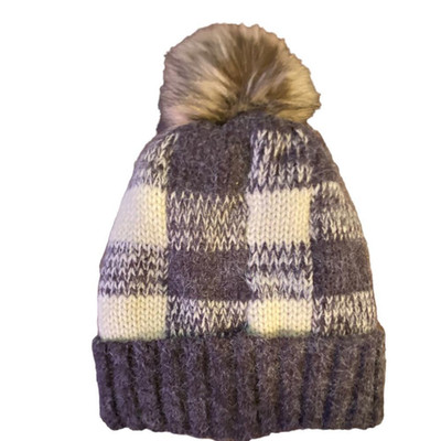 Grey & Tan Moose Plaid Faux Fur Pom Beanie Women's One Size