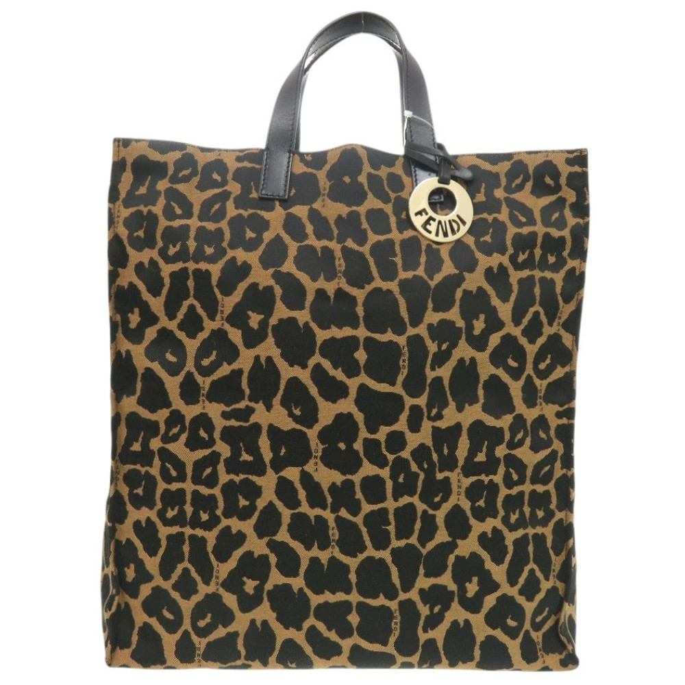 FENDI Leopard Pattern Canvas Leather Brown Tote B… - image 1