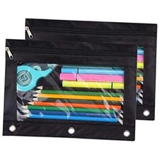 Pencil Pouch 3 Ring, Zipper Pencil Pouches Case Binder Cosmetic Bag Pack 2 Black