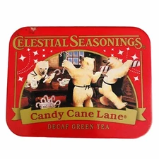 Celestial Seasonings Tea Tin Candy Cane Lane Decaf Green Tree 2017 Near Mint