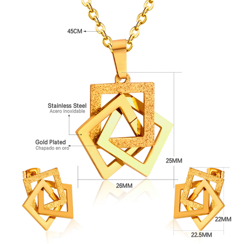 18k Gold Plated Triple Square Abstract Pendant Set with Earrings 3 pc - Picture 5 of 5
