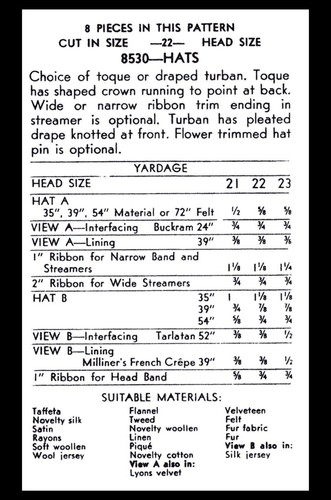 VOGUE 8530 Pattern Millinery Hats TURBAN Toque 1930's 22" Head - Picture 2 of 4