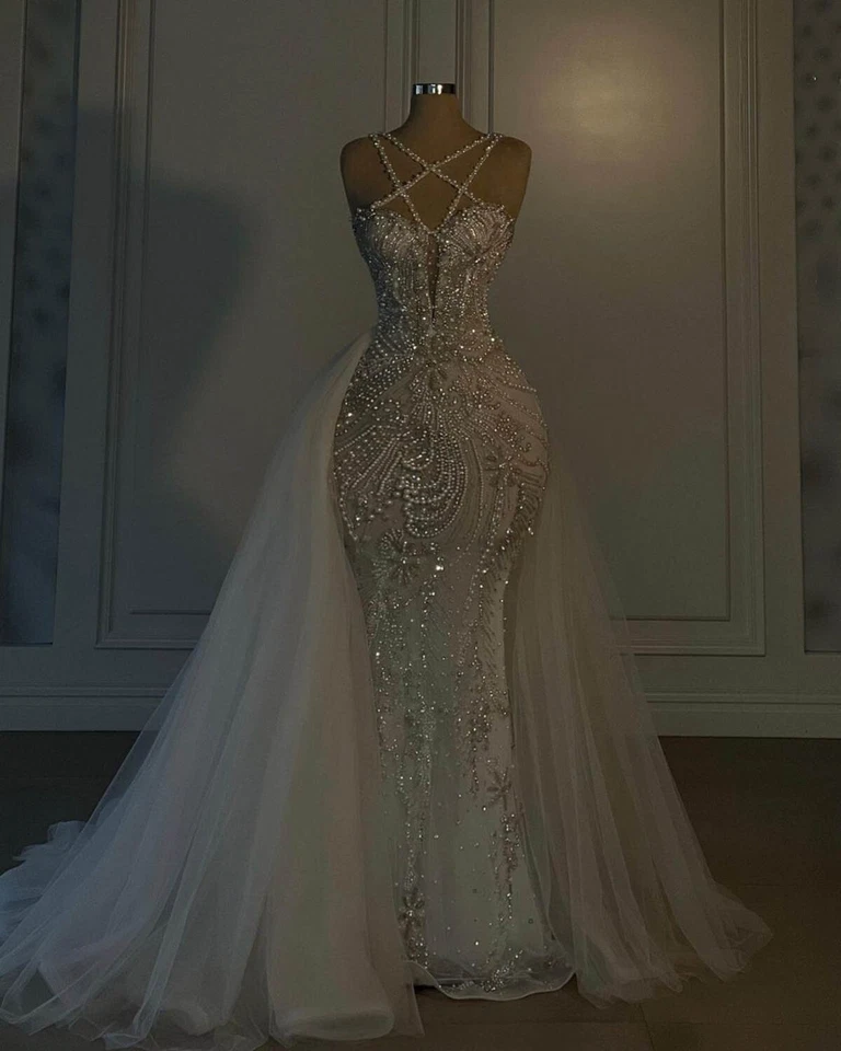 Mermaid Wedding Dresses Bridal Gown Rhinestone Beading Pearls Lace Sleeveless - Image 2 of 4