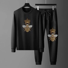 New Men Luxury Bee Crown Rhinestones Black Hoodie Pants Fashion Tracksuit