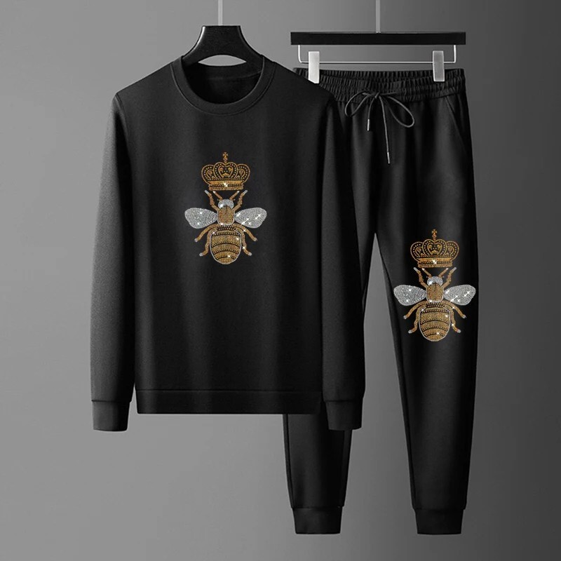 Nuevo Hombre Lujo Corona de Abeja Estrás Negro Sudadera con Capucha + Pantalones Moda Chándal