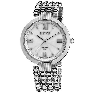 NEW August Steiner AS8065SS Womens Diamond Accented Pearl Dial Ribbed Lugs Watch