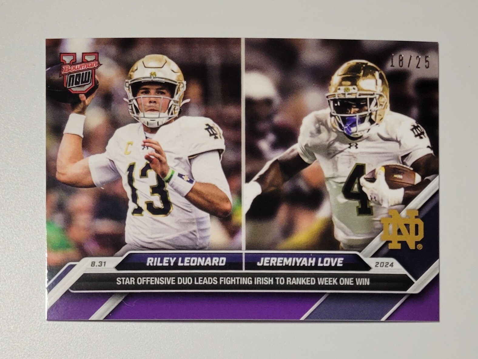 2024 Bowman U Now Football 6 Riley Leonard/Jeremiyah Love Notre Dame Purple #/25