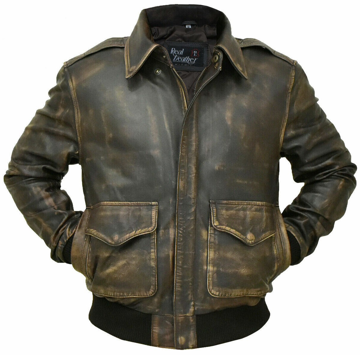 Aviator A-2 Real Cowhide Distressed Leather Bomber Flight Jacket