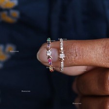 Multi Gemstone & Diamond Crescent Ring, Solid 14k Yellow Gold Minimalist Jewelry
