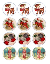 set of 12 Vintage Christmas, edible paper, cupcake cookie toppers